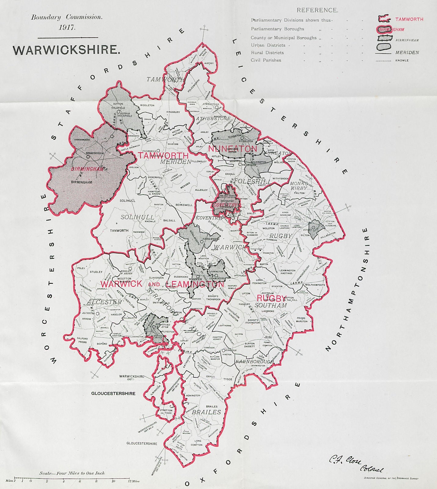 Warwickshire Parliamentary County. BOUNDARY COMMISSION. Close 1917 old map